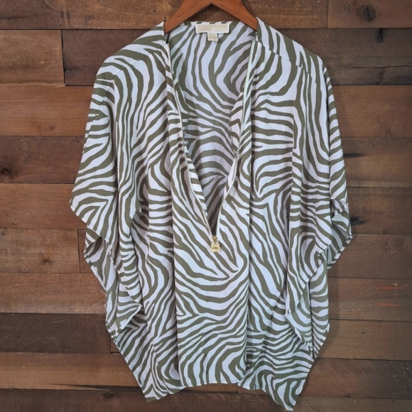 Michael Kors Green & White Zebra Print Zip Up Poncho with Gold Lock SZ L - Picture 5 of 8